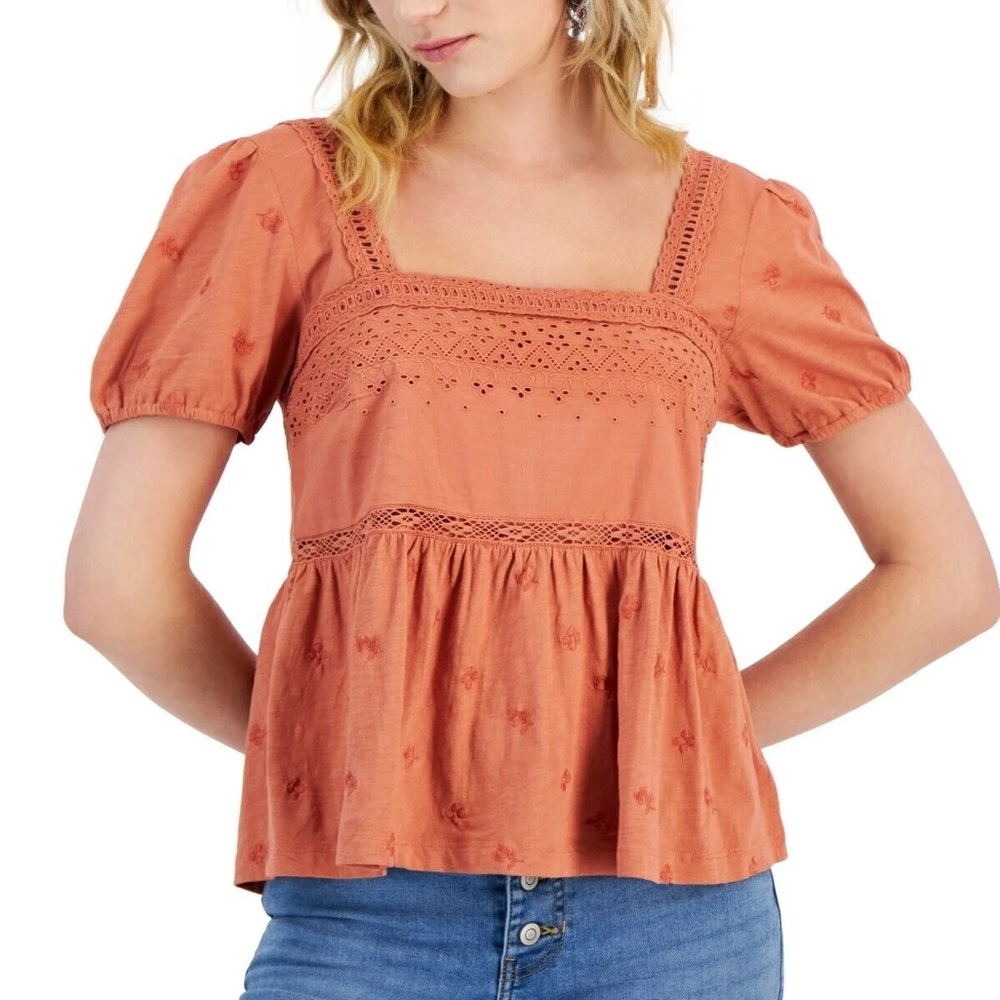 Lucky Brand Women’s Cotton Schiffley Embroidered Peplum-Hem Top Orange Sz XXL